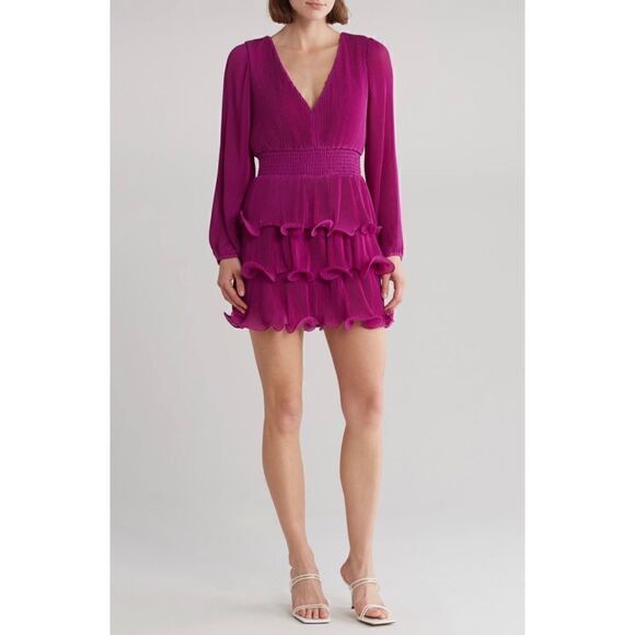 NWT Milly Ryan Pleated Chiffon Long Sleeve Mini Dress in Fuchsia, Size 6 - Picture 5 of 16